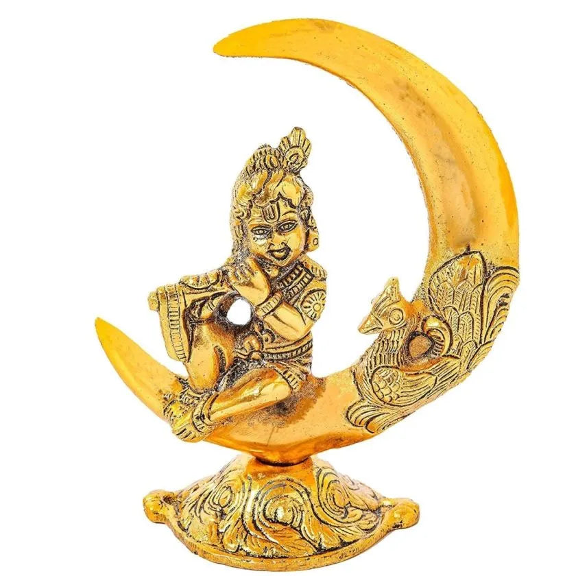 Gold Plated Metal Handicraft Lord Krishna On Moon Playing Bansuri Flute | Metal Krishna Ji On Moon